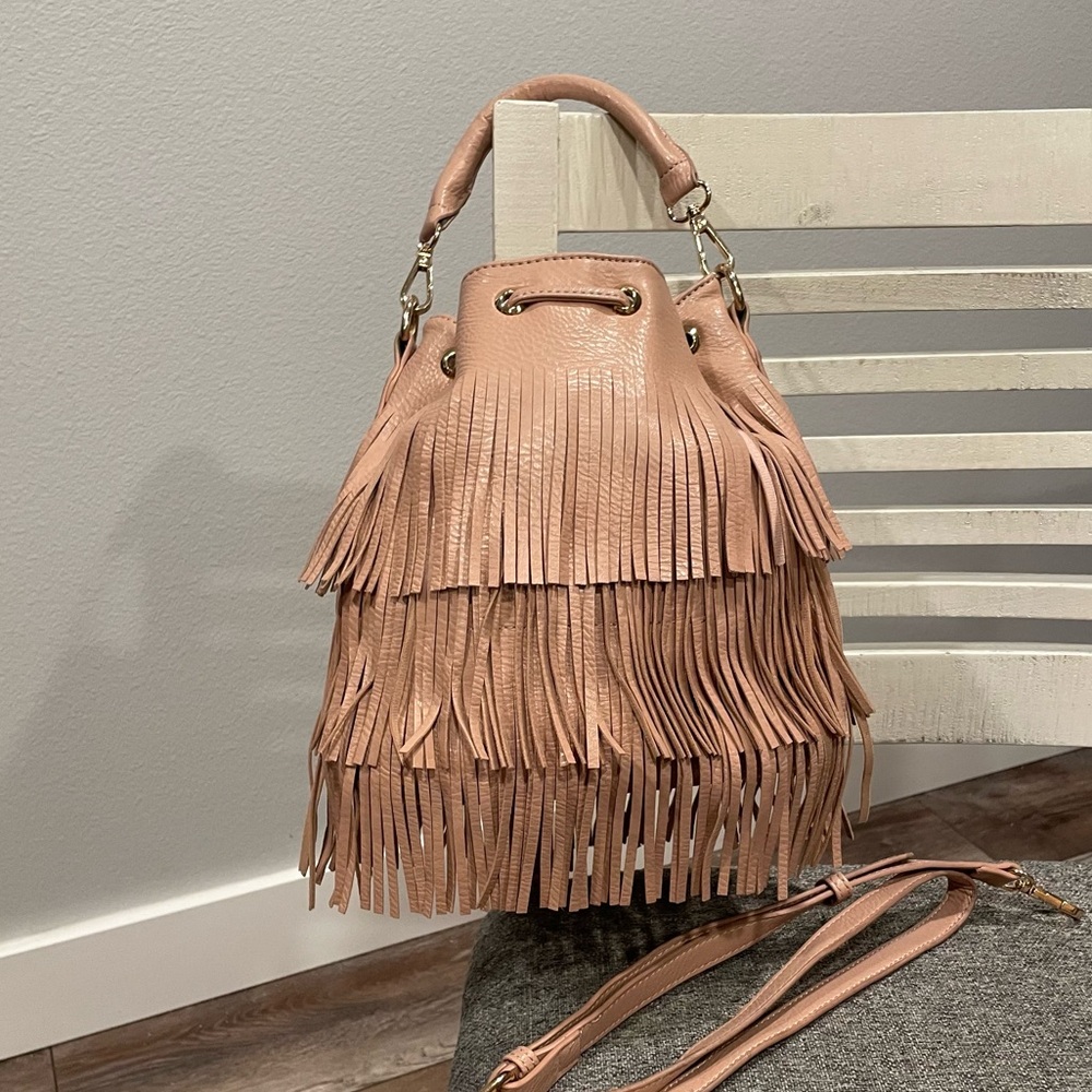 Urban Expressions Fringe Bucket Bag in Blush Pink With Crossbody Strap